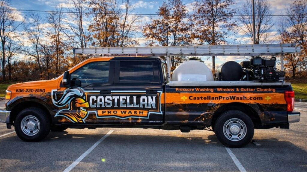 Professional pressure washing service truck equipped for exterior deep cleaning and gutter cleaning jobs